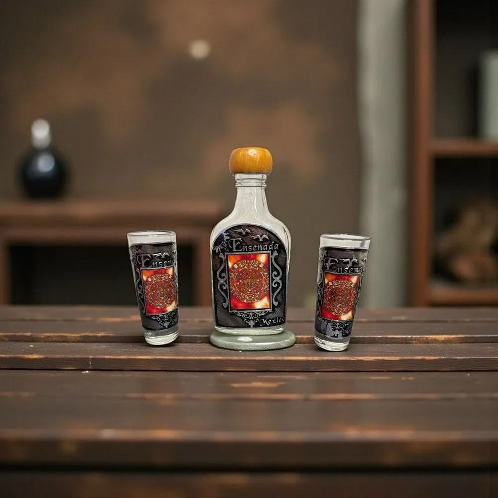 Ensenada Tequila Decanter Set with 2 Shot Glasses Red Silver